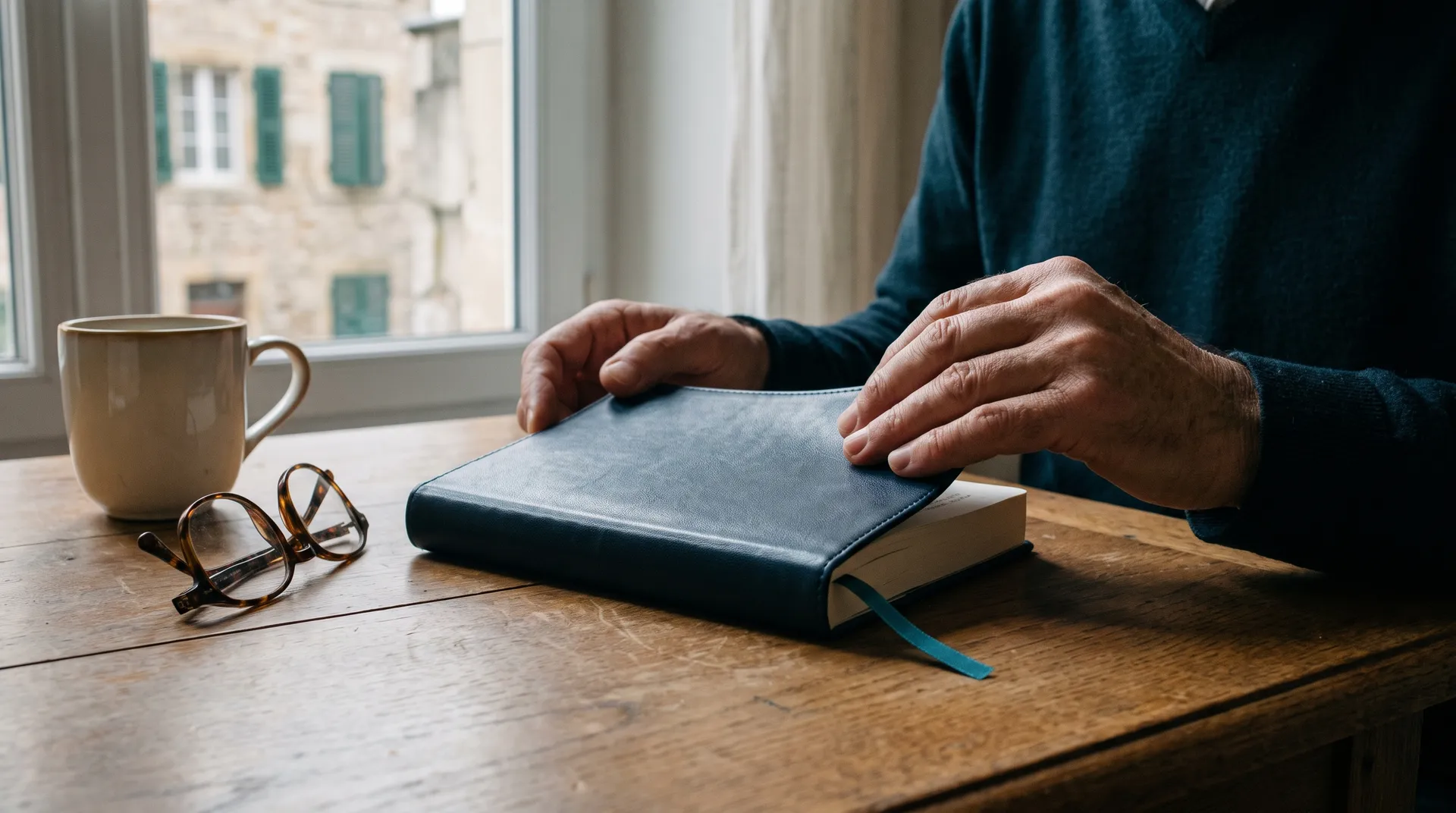 Hands turning the pages of a bound journal on an oak desk