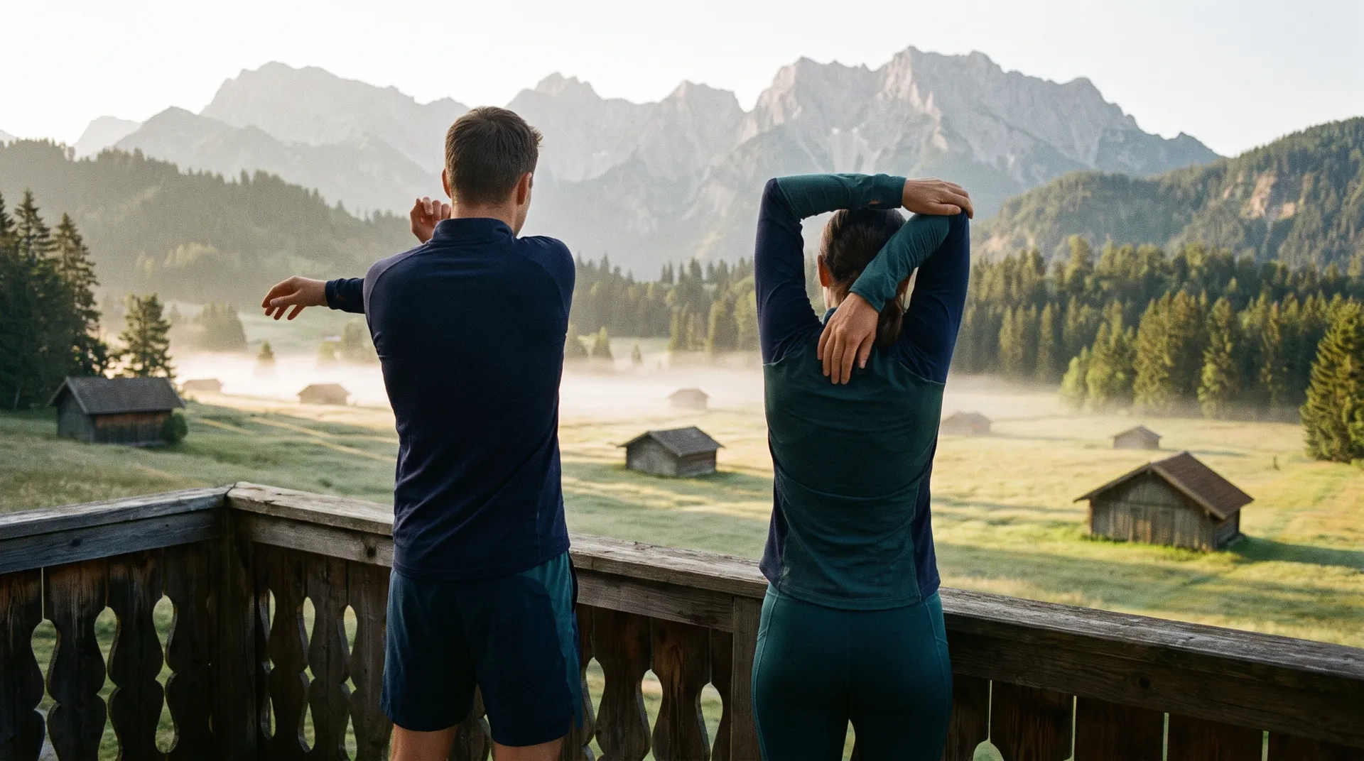 A person stretching on a wooden balcony overlooking an alpine meadow