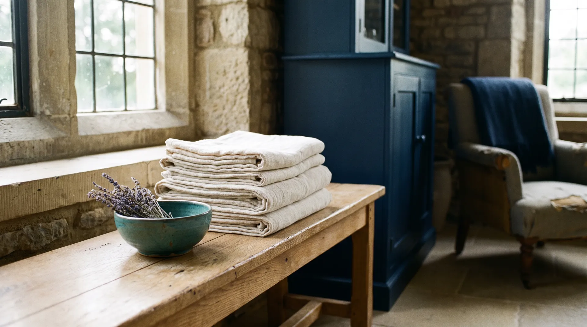 Folded off-white linen towels and a sprig of lavender on a light oak bench