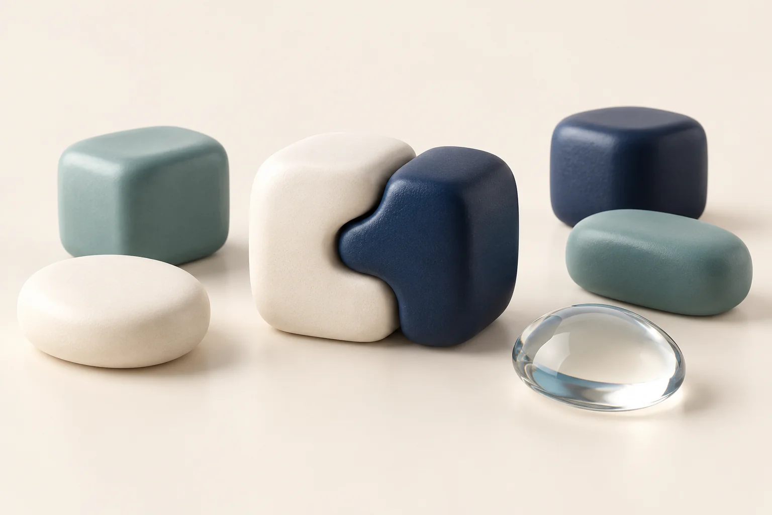 Conceptual illustration of rounded building blocks in navy, teal and ivory beside a clear droplet.