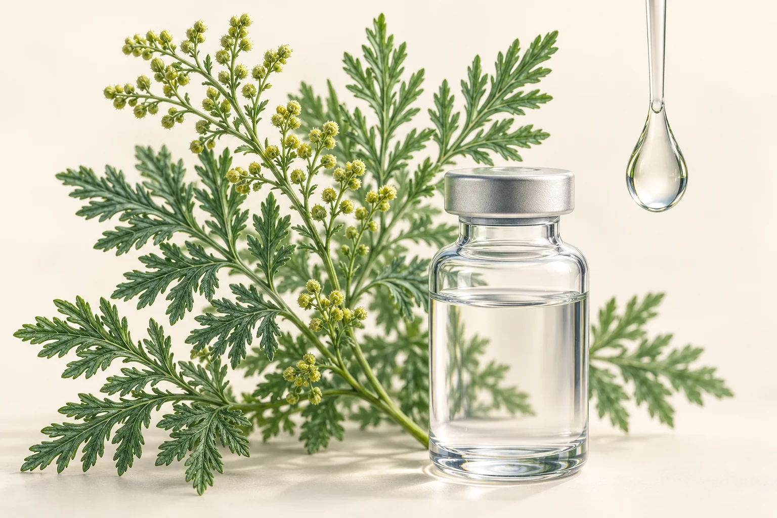 Botanical illustration of an Artemisia annua sprig beside a clear vial and droplet.