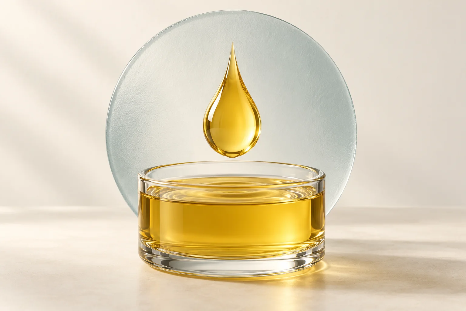 Conceptual illustration of a golden curcumin solution and a single droplet in a glass vessel.