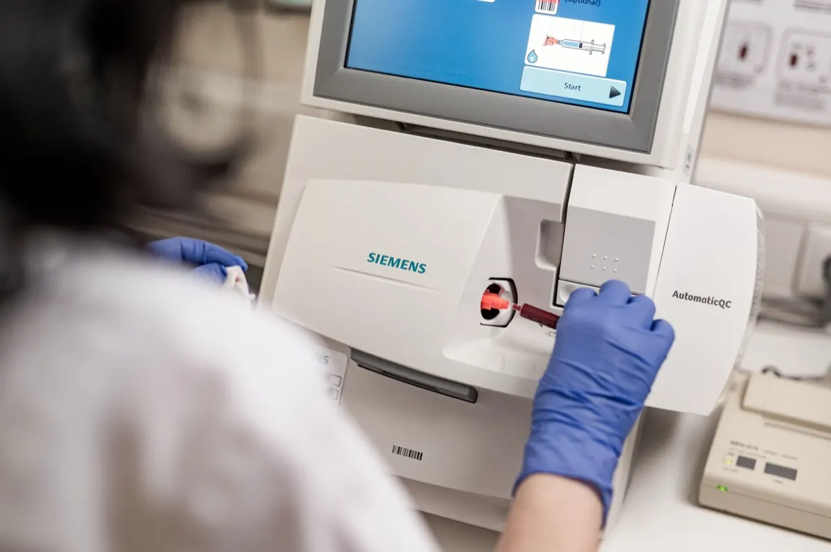 Blood sample analysis in the laboratory at St. George Hospital, Bad Aibling