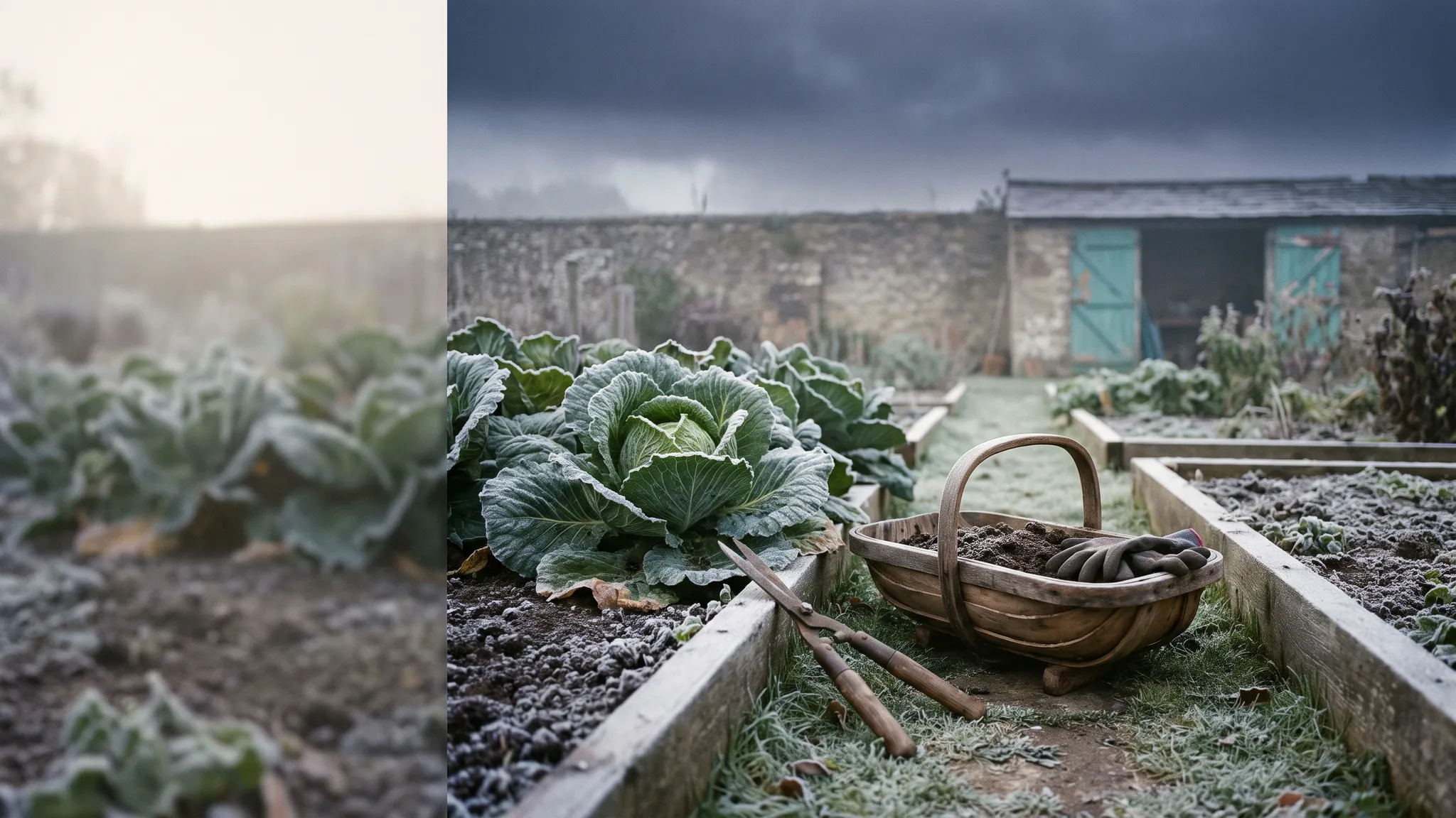 Kitchen garden bed in autumn with a trug and shears