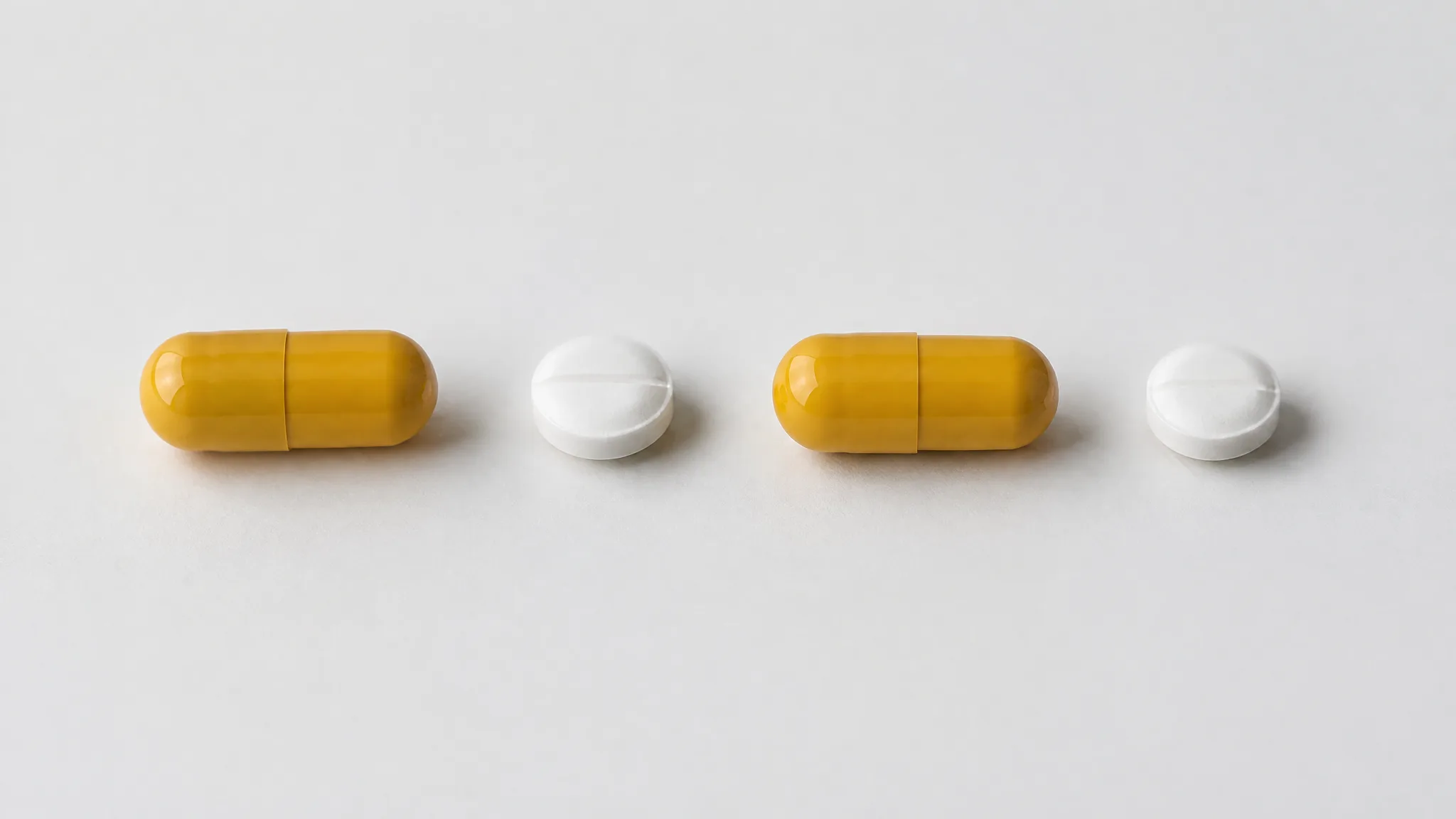 Two yellow capsules and two white tablets laid out in a measured row on dark stone