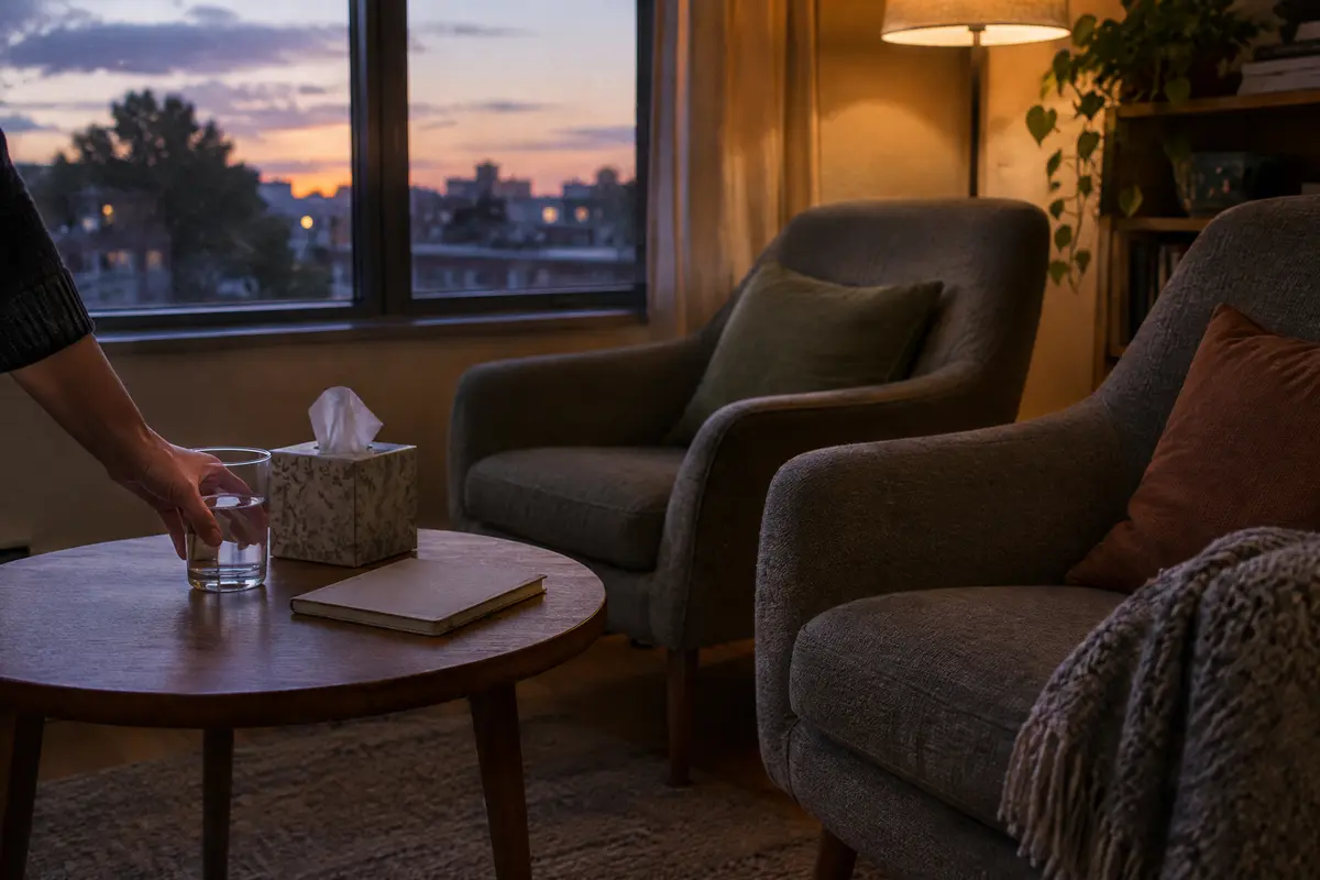 Two armchairs by a window with a notebook and a glass of water