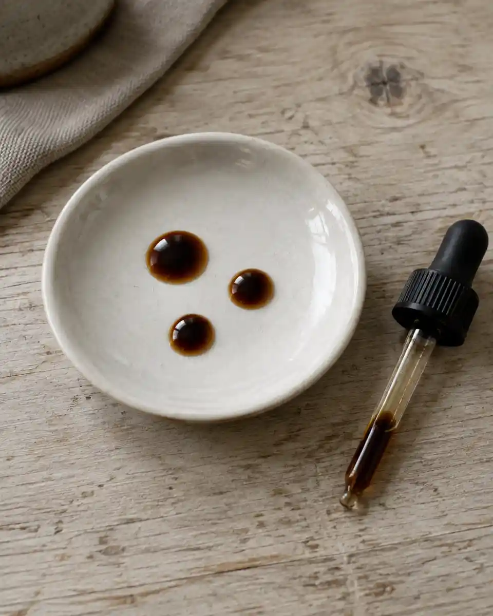Three dark iodine drops beaded in a white porcelain dish beside a glass dropper