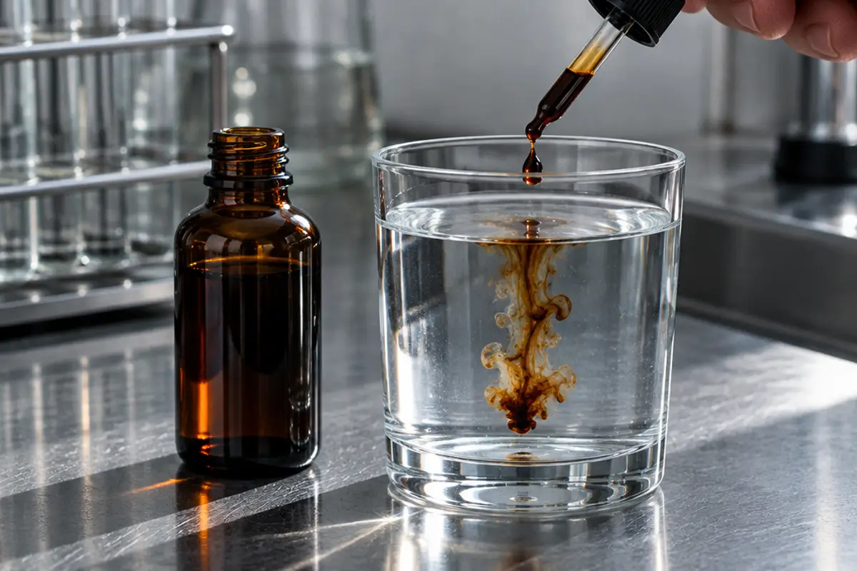An amber dropper bottle and a glass of water, one dark iodine drop falling and dispersing