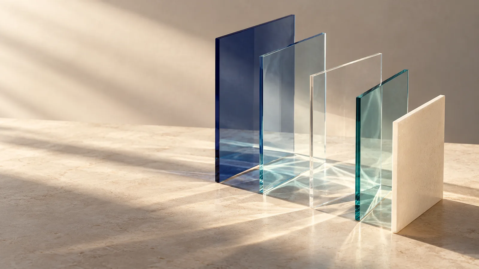 Translucent glass planes in navy and teal, aligned in warm natural light.