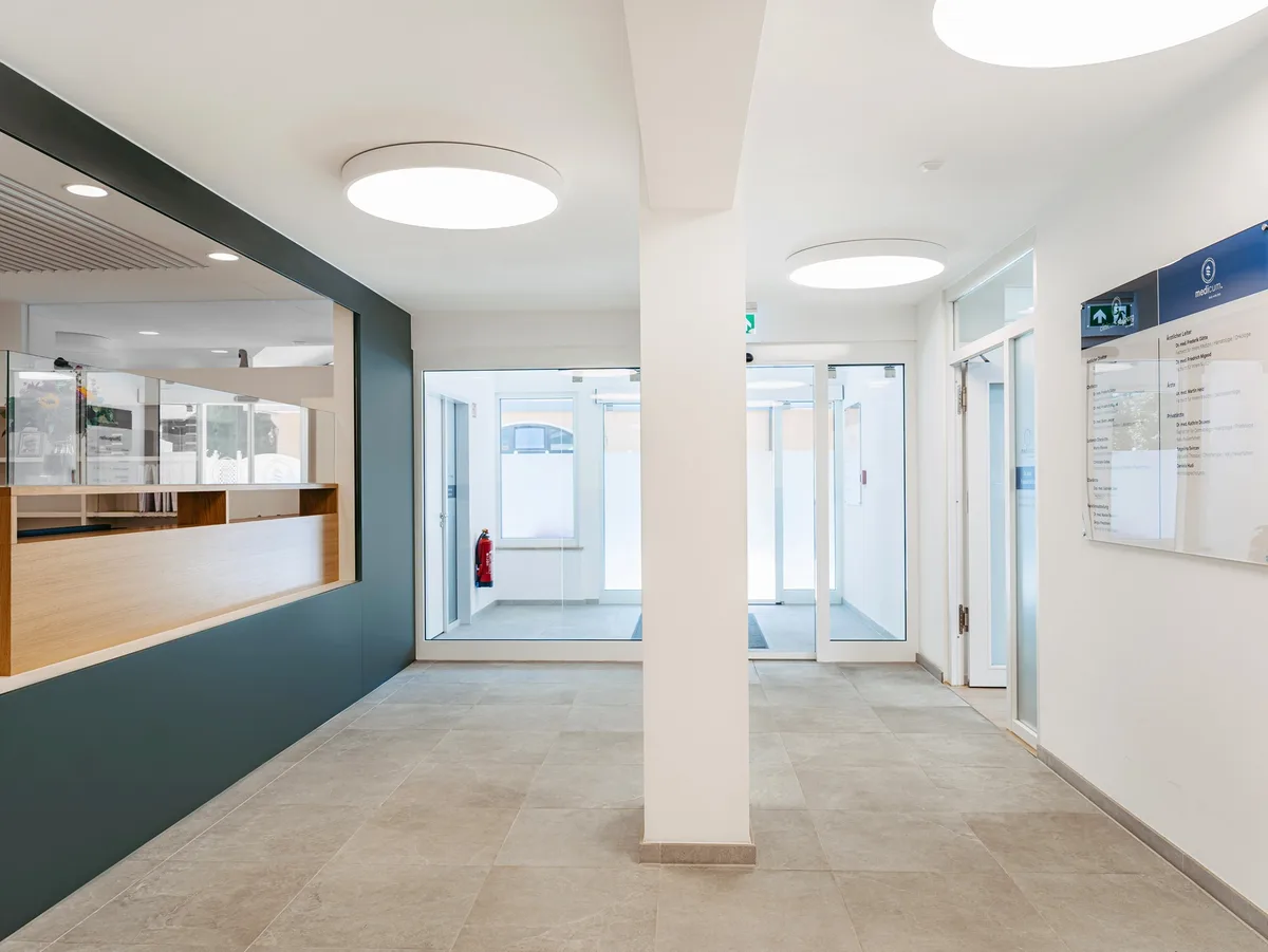 The reception desk and hallway at St. George Hospital