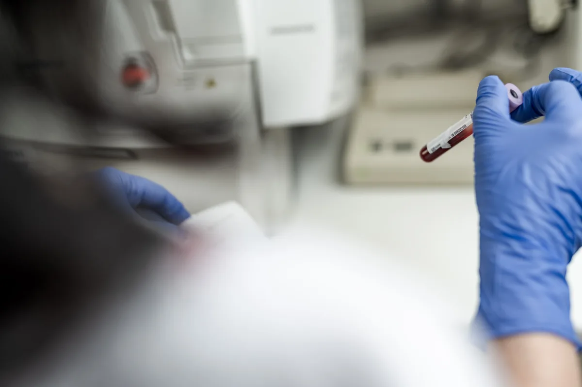 A gloved hand holding a blood sample in the hospital laboratory